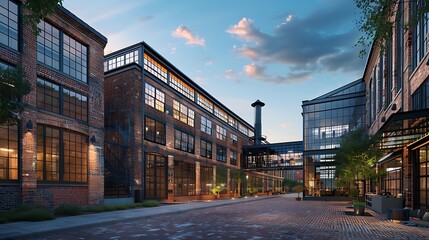 Obraz premium urban renewal project featuring a series of old warehouses converted into artist lofts, with preserved brick exteriors and modern glass additions