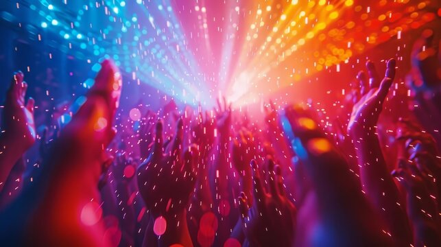 A human wave at a digital concert, Bright colors, Futuristic, 3D rendering, Energetic and dynamic