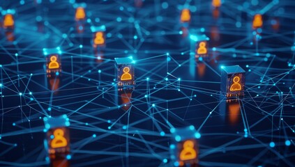 Obraz premium A digital illustration of an abstract network structure with glowing connections between small blocks representing people and machines, set against a dark blue background.