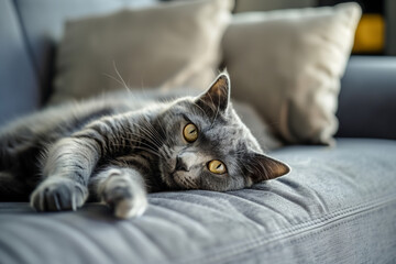 Close-up photo of a grey cat with yellow-green eyes relaxing on the grey sofa