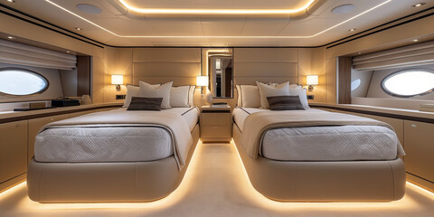 Luxurious yacht cabin with two single beds, elegant lighting, and modern decor. Features large windows offering a scenic ocean view. Perfect for themes of luxury travel and comfort