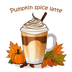 Pumpkin Spice Latte Autumn Coffee Drink icon. Mug with pumpkin latte isolated on white background. Hot drink cartoon icon in cartoon style with text autumn leaves and pumpkin.