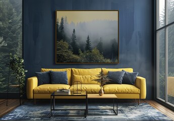 Modern living room featuring a yellow sofa with dark blue walls and a coffee table, highlighted by a large oil painting of a foggy forest landscape. 