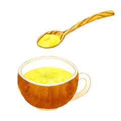 コーンスープと木製スプーン　料理・食べ物の手描き水彩イラスト素材