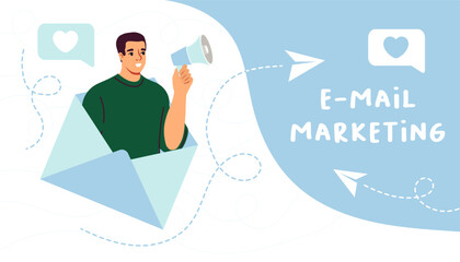 Email marketing poster. Man inside envelope with loudspeaker. Promotion on internet and social networks. Business correspondence online. Landing webpage design. Cartoon flat vector illustration