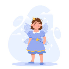 Fairy girl concept. Little adorable kid with wings and magic wand. Imagination and fantasy. Preschooler at carnival and masquerade. Cartoon flat vector illustration isolated on white background