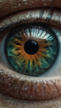Macro of iris and dilated pupils in human eye.