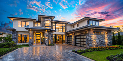 Modern luxury home exterior, evening dusk, paver driveway and faux stone veneer siding, wide banner
