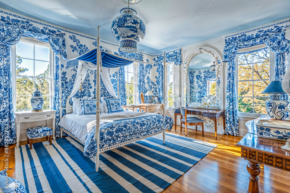 Wall mural Blue and white chinoiserie bedroom interior design decor, canopy bed, striped rug, wallpaper, luxury home