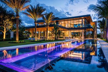 Modern Florida tropical mansion home exterior design, purple lights swimming pool, palm trees