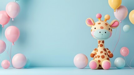 Fototapeta premium A giraffe is sitting in front of a blue background with pink, yellow