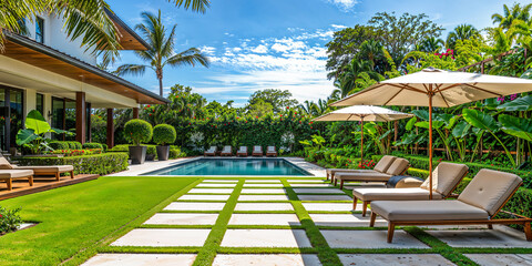 Florida patio backyard area with square white stepping stones and pool, sun loungers and umbrellas, luxury home exterior, wide banner