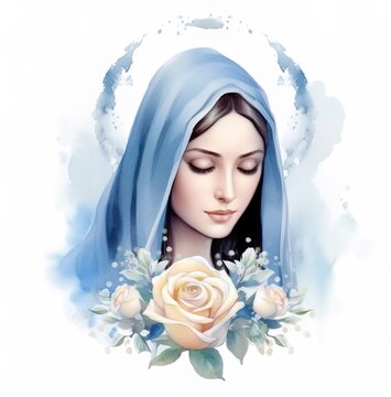 recommend clip art: A beautiful watercolor clipart of the mother Mary with roses in her hair, using blue and white colors in a light pastel color palette.