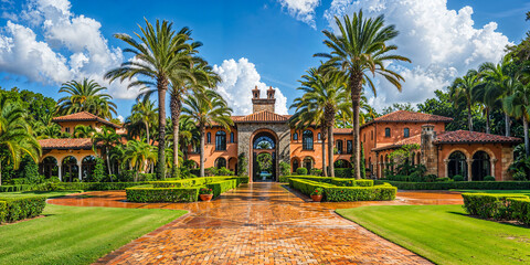 Spanish style mansion in Florida, exterior luxury home design, wide banner