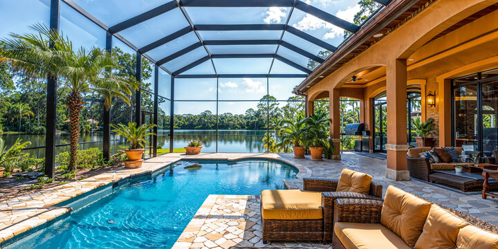 Florida luxury mansion lanai patio on the waterfront with screened in pool, exterior home design