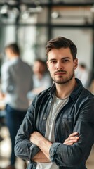 Fototapeta premium Confident Young Businessman in Corporate Office with Blurred Colleagues in Background. Professional Office Portrait Showcasing Enthusiasm and Teamwork. AI-Generated High-Resolution Wallpaper.