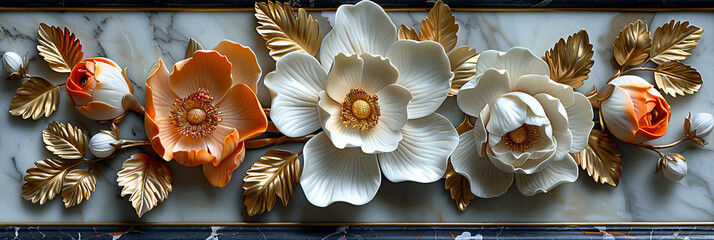 panel wall art, wall decoration, marble background with flowers designs