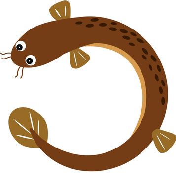 Cartoon Eel, Mudfish, simple illustration, brown color, white background, flat design, playful expression, dots on the back, vector art, cute aquatic animal, side view