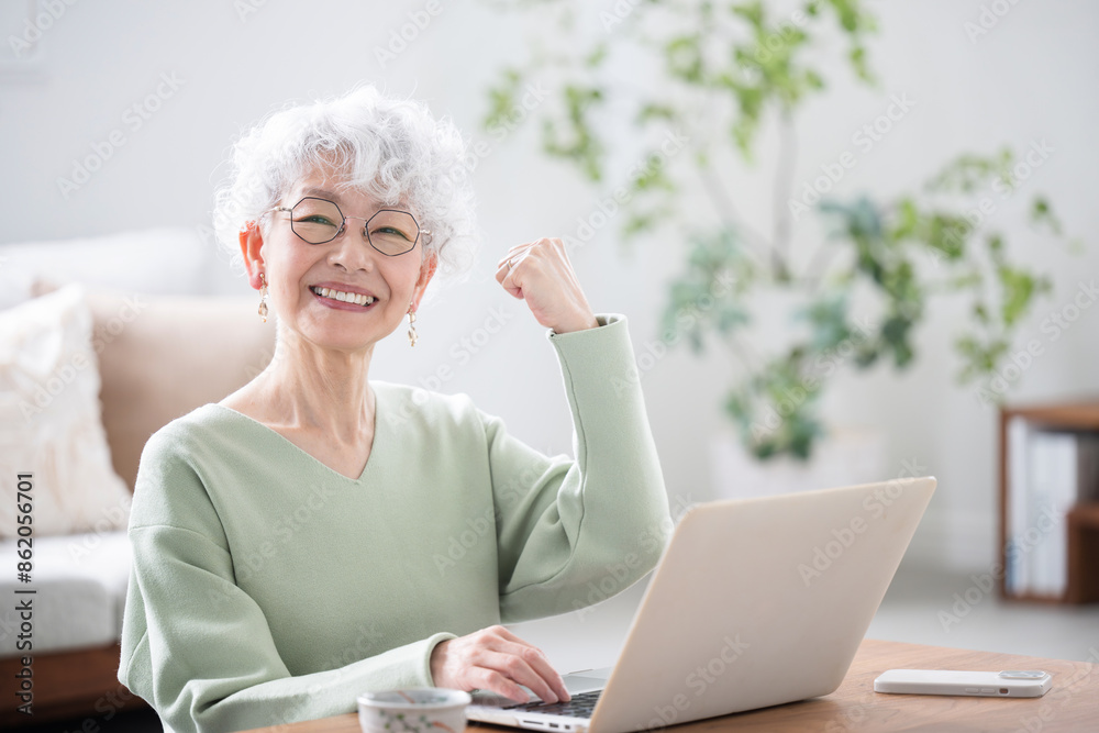 Wall mural senior women talking on phone inquiries while looking at computer negative image such as difficulty 