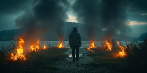 A solitary figure walks towards a lake, surrounded by burning vegetation and dark smoke. The scene is set against a moody, overcast sky, evoking themes of desolation and intensity