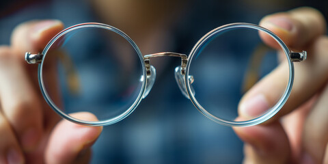 Close-up of a person holding round eyeglasses, focusing on the lenses and metal frame, with a blurred background. Perfect for themes of vision, optics, and personal accessories