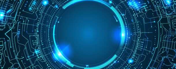 Obraz premium Abstract blue background with futuristic technology elements and circuit board patterns in a vector style, featuring glowing lights on a dark backdrop