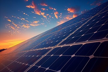 Solar Panels on Sunset Background created with Generative AI