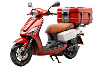 A person riding a cute, small motorbike with a delivery box Isolated on transparent background