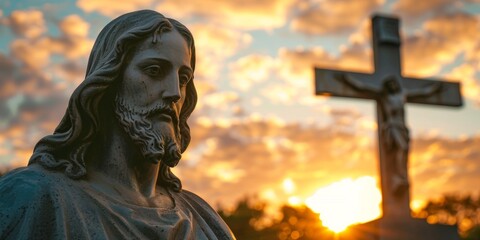 Obraz premium Majestic Statue of Jesus Christ with Glowing Cross at Sunset, Symbolizing Faith, Hope, and Christianity. High-Resolution AI-Generated Wallpaper for Religious and Festive Occasions.