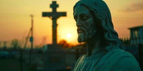 Obraz premium Majestic Statue of Jesus Christ with Glowing Cross at Sunset, Symbolizing Faith, Hope, and Christianity. High-Resolution AI-Generated Wallpaper for Religious and Festive Occasions.