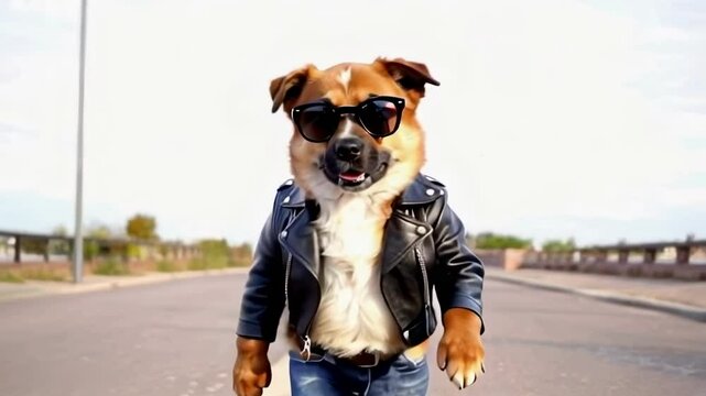 Dog in leather lacket, jeans and sunglasses walking, cool anthropomorphic dog