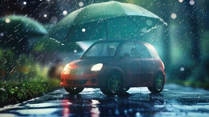 Obraz premium Road Safe Assurance: Unwavering Support and Protection for Your Vehicle. Your Reliable Car Insurance Company, Automobile under the umbrella in rainy day. Safety concept