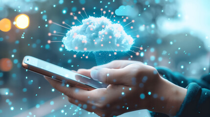  A person holding an iPhone with cloud technology and data flowing from the screen, creating virtual clouds in front of them.