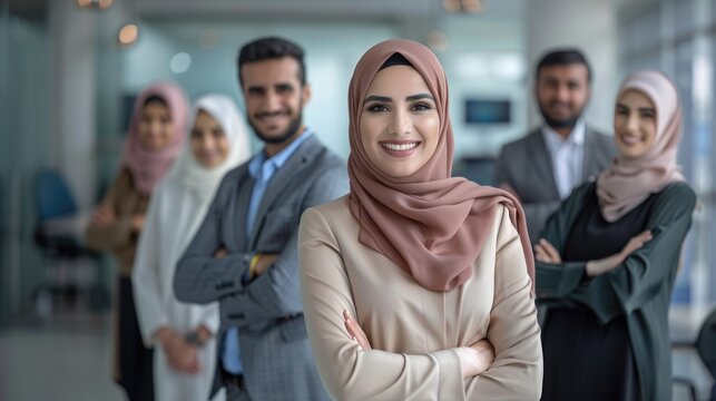 Beautiful arab middle-eastern women with traditional abaya dress and middle easter man wearing kandora standi in business office - Group of arabic muslim adults portrait in Dubai, United Arab Emirates