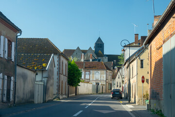 Driving in Champagne wine making region in Champagne, France. Streets, houses, road signes and places of destinations in summer