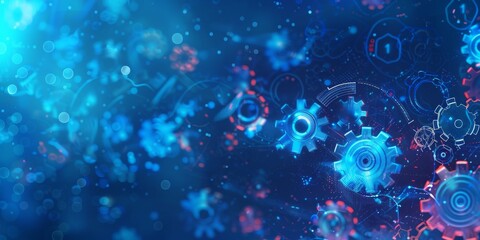 Fototapeta premium Blue background with gears and digital elements in the foreground, representing technology or mechanical engineering.