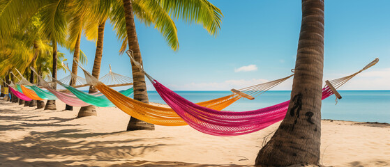 Tropical Beach Hammocks in a Row