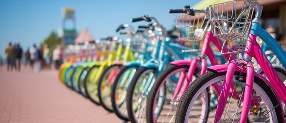 Fototapeta premium Vibrant Beach Bicycles Awaiting Riders