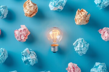 Creative idea concept with crumpled paper balls and a light bulb on a blue background, shown from a top view.