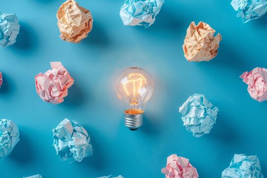 Creative idea concept with crumpled paper balls and a light bulb on a blue background, shown from a top view.