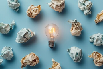 Creative idea concept with crumpled paper balls and a light bulb on a blue background, shown from a top view.