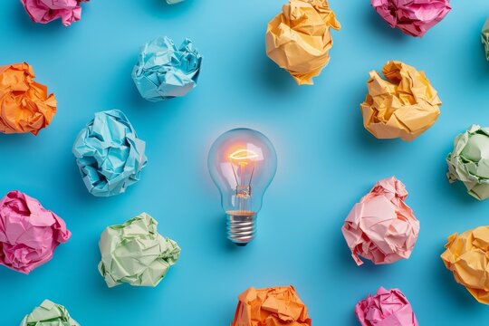 Creative idea concept with crumpled paper balls and a light bulb on a blue background, shown from a top view. - Powered by Adobe
