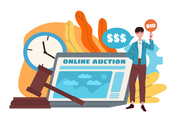 Online auction concept. Man stands near laptop and wooden hammer. Commerce and deals on internet. Guy trading and investing. Cartoon flat vector illustration isolated on white background