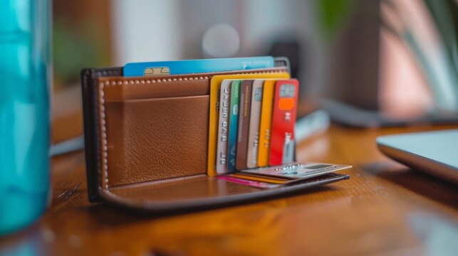 A wallet with various credit and debit cards fanned out on a desk