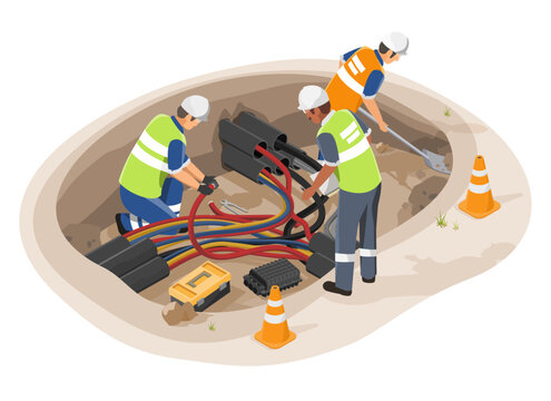 underground electric fiber optic cable wiring construction engineering inspection and worker and technician working maintenance isometric isolated vector