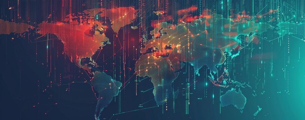 Digital world map background with binary code and global network connections, data transfer technology concept banner design.