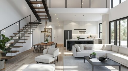 Elegant modern home interior with an open concept living room and kitchen, white walls, light wood floors, black steel staircase, natural lighting