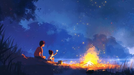 Obraz premium A heartwarming illustration of two people enjoying a cozy campfire under a starry night sky in a serene outdoor setting.