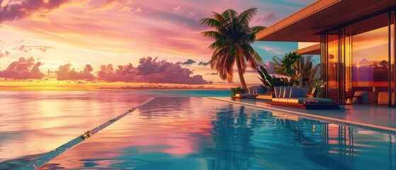 Fototapeta premium Stunning tropical sunset over a luxury infinity pool, with vibrant colors reflecting in the water and a palm tree silhouette.