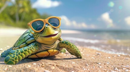 funny cartoon turtle lounging on the beach, sporting stylish sunglasses. With its playful...